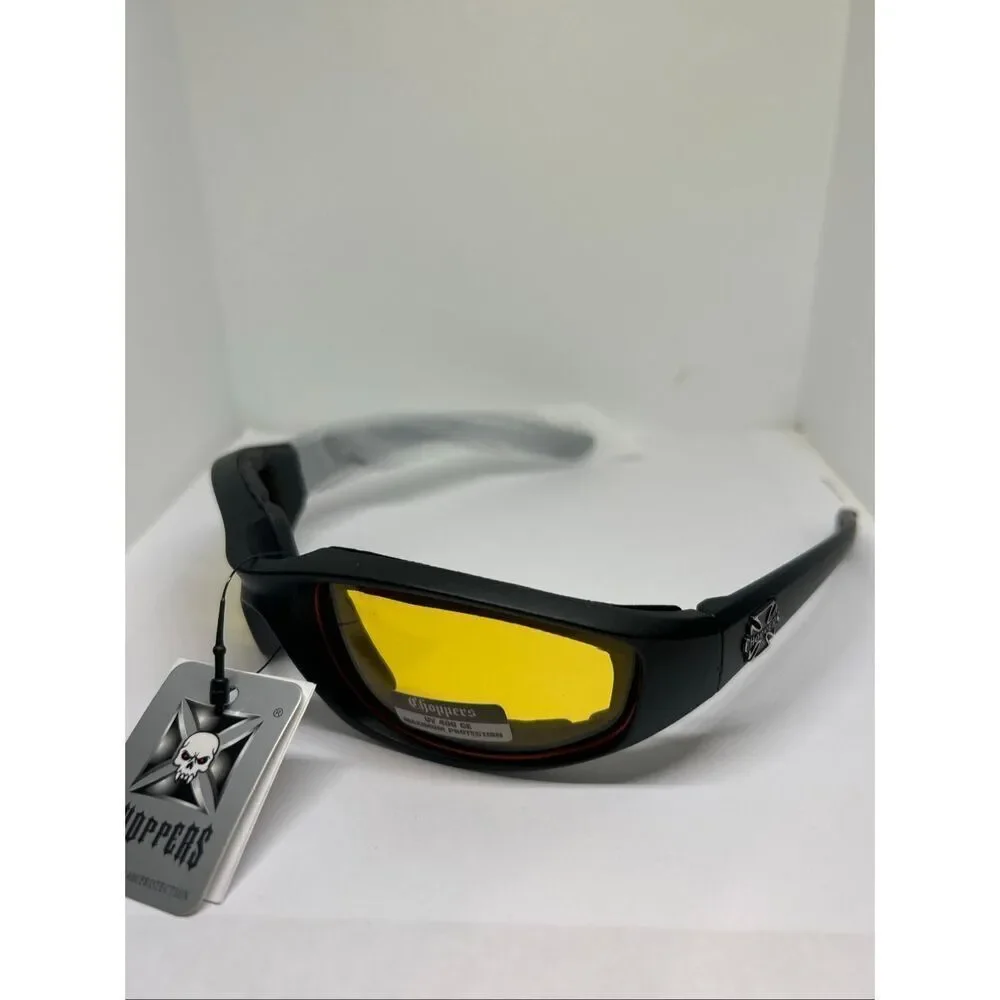 Choppers Padded Wrap Around Motorcycle Sunglasses Yellow Lens Night Driving UV40